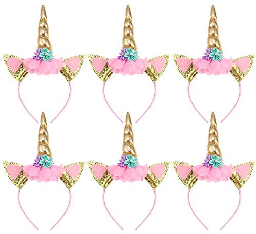 6 Stück Haarreif Einhorn Einhorn Stirnband Gold Horn Haarreif Haarband Kopfschmuck Blumenmädchen Haarschmuck für Geburtstag Geschenk Karneval Hochzeit Party Dekoration