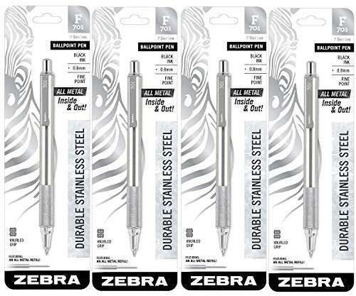 Zebra F-701 Kugelschreiber aus Edelstahl, Druckkugelschreiber, schwarze Tinte, feine Spitze, 4 Stück (29411)