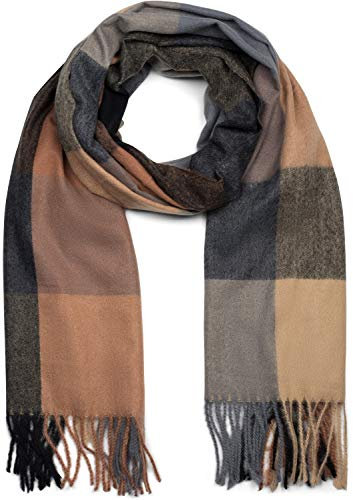 styleBREAKER Unisex weicher Karo Schal mit langen Fransen, bunt kariert, warme Winter Stola mehrfarbig 01017110, Farbe:Braun-Schwarz-Grau