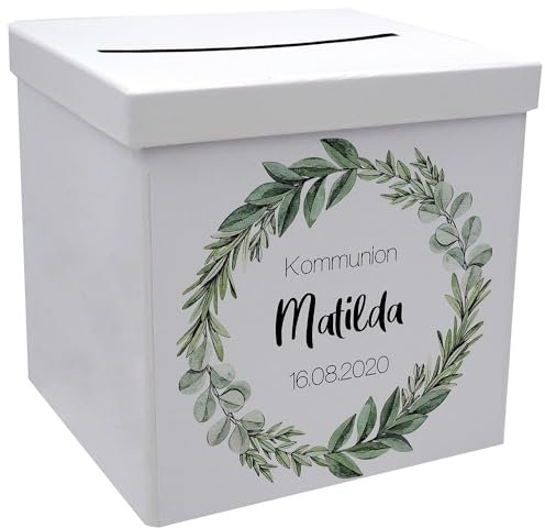 ZauberDeko Briefbox Kartenbox Kommunion Konfirmation Eukalyptus Blätterkranz Geburtstag Personalisiertes Geschenk