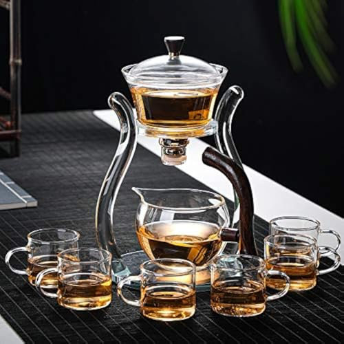 RORA Lazy Kungfu - Juego de té de cristal semiautomático giratorio con infusor de vidrio (6 tazas)