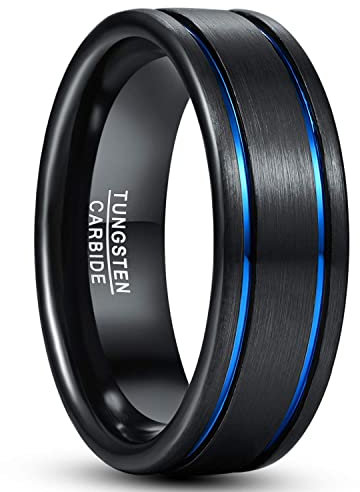 TUNGSTORY 8mm Trauringe Herren Blau Plattierte Nut Gebürstetes Finish Schwarzer Wolframkarbid Ehering Komfort Fit Größe 55(17.5)