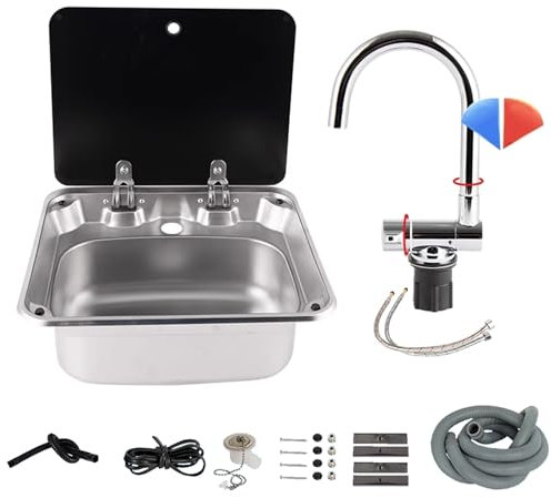 Camping Wohnmobil Reisemobil Spüle-Set für Wohnmobile, Edelstahl-Einbau-Handwaschbecken mit Gefaltetem Wasserhahn und Abdeckung für Wohnmobil, Wohnwagen, Wohnwagen (Color : C(With C style hot and col