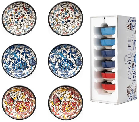 Elyese IZNIK CARNATION Kleine Keramikschalen, Dip-Schalen, 6er-Set, 75 ml, Sojasaucenschale, handgefertigte Charcuterie-Schalen, bunte Quetschschalen, spülmaschinen- und mikrowellengeeignete, CB002