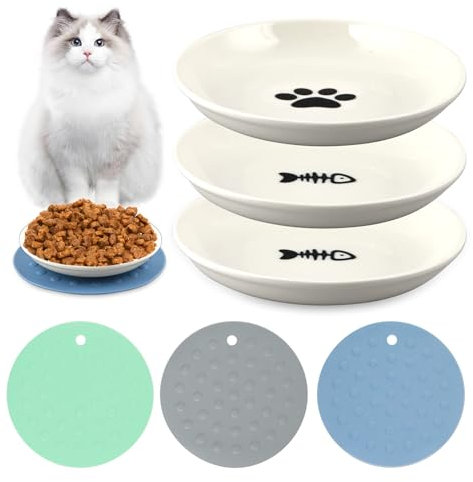 Comedero Gato, 3 Piezas Comedero Gato de Cerámica, Comedero Perro con 3 Alfombrillas Antideslizantes, Plato Comida Gato Plano para Gatos y Perros Pequeños