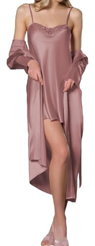 GIONA Damen Satin Sexy Morgenmantel mit Nachthemd Zweiteiliger Nachtwäsche Bademantel Kurz Negligee Set Seiden (Rose, XL)