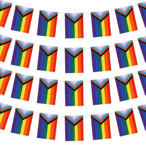 32.8Ft Pride Decorations Bunting Banner,Polyester Rainbow Bunting 30Pcs Progress Pride Flags Rectangle Gay LGBTQ Vivid Color Stripes Banner Accessories For Pride Month Outdoor Home Garden Party Decor