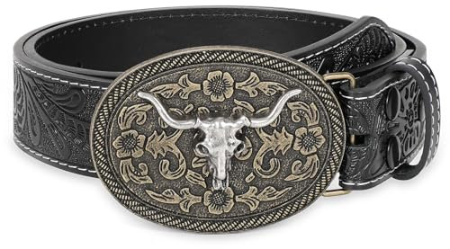 WHIPPY Mens Cowboy Belt Western Belts for Men Women with Engraved Floral Bull Head Buckle Western Leather Buckle Belt for Jeans,Black-Silver 32-36