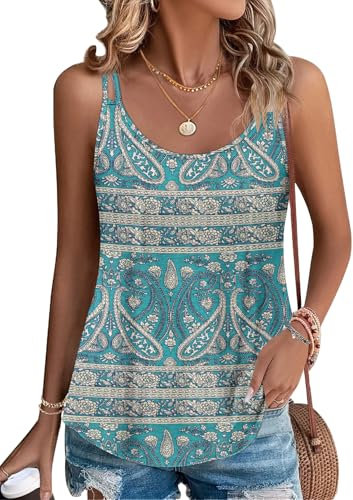 PLOKNRD Damen Tank Top Sommer Spaghetti Oberteile Ärmellose Rundhalsausschnitt Shirt Blusen Tops Boho Floral Grün 2XL