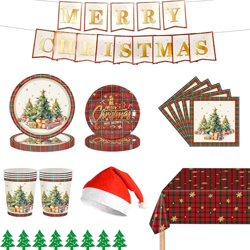 Christmas Party Tableware 122pcs 24 Guests Traditional Trees Xmas Hats Disposable Dinner Set Paper Plates Cups