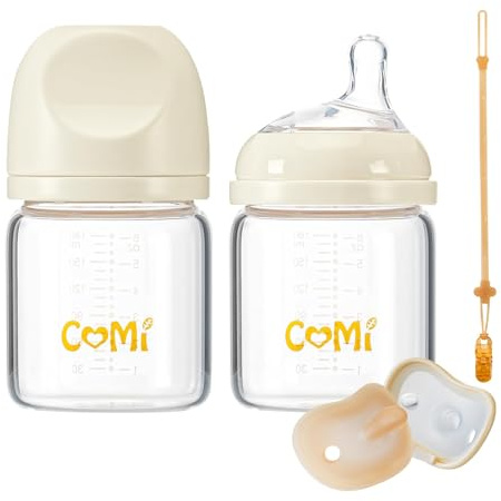 Natural Glass Baby Bottles for Breastfeeding Babies,Newborn Anti-Colic Baby Bottle Set with Slow Flow Nipple,0-3 Months,BPA-Free,6 oz,2 Pack