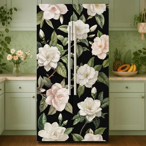 GOMAKERER 2 Pcs Gardeni Pattern Removable Refrigerator Wraps, Self-Adhesive Fridge Door Mural Vinyl Freezers Panel Cover Sticker for Kitchen Bar Decor, 41.5x200cm