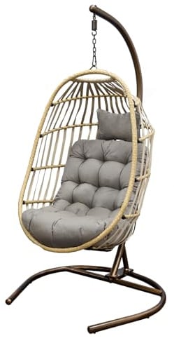 SH&G Hanging Egg Chair with Stand & Cushion Set - All-Weather Brown Rattan Garden Swing Chair - Weather Resistant Steel Frame - Indoor & Outdoor