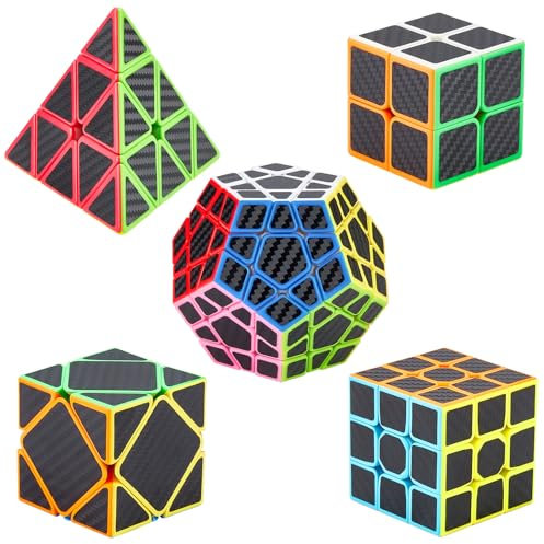 Coolzon Zauberwürfel Geschenkset 5 Pack Pyraminx + Megaminx + 2x2x2 + 3x3x3 + Skewb mit Geschenkbox Neue Geschwindigkeits Carbon Faser Aufkleber