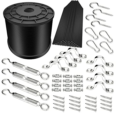 YQL Outdoor String Lights Hanging Kit,Globe String Lights Suspension Kit,164ft Black Vinyl-Coated 304 Stainless Steel Cable,String Light Guide Wire,Hook & Eye Turnbuckle Wire Rope Tension