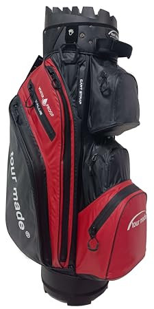 Tour Made Golfbag Cartbag I wasserdicht I ohne Schlägerklappern I Herren & Damen I Organizer Trolleybag Golftasche (Black-red)