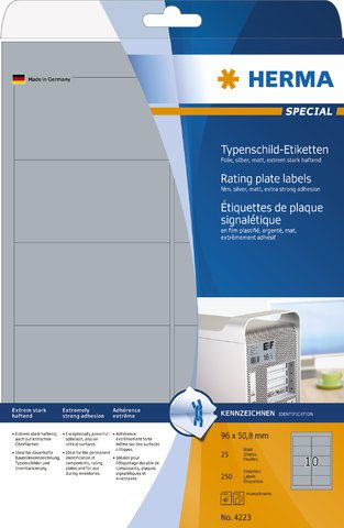 HERMA Etikett, Laser/Kopierer, auf A4-Bogen, selbstklebend, Polyesterfolie, 96 x 50,8 mm, silber, matt (250 Stück), Sie erhalten 1 Packung á 250 Stück