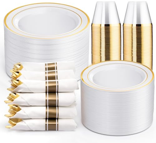 WELLIFE 350-Piece Gold Disposable Plates and Cutlery Set - Premium 10.25 Dinner Plates, 7.5 Dessert Plates, 9oz Cups & Cutlery for Weddings, Catering Events - 50 Guest Service - Elegant & Sturdy
