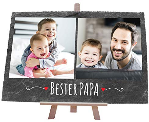 wandmotiv24 Schiefertafel Bester Papa, Personalisiert mit Ihren Farbfotos, Aufstellschild mit 2 Bildern & Spruch, Holz-Staffelei, Querformat 30x20cm, Natur Schieferplatte, Foto-Geschenk Vatertag, Deko