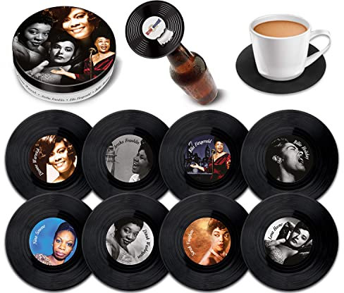 Retro Musique Set mit 8 Jazz Divas Vinyl-Untersetzern mit magnetischem Flaschenöffner, schöne Musik-Geschenke, Retro-Untersetzer, Bar-Geschenke für Männer und Frauen, fantastische
