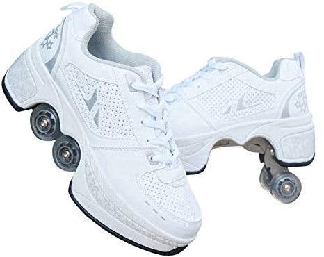 JTKDL Rollschuh Roller Skates Lauflernschuhe, Sneakers, 2in1 Mehrzweckschuhe Schuhe Mit Rollen Skateboardschuhe,Inline-Skate,Verstellbare Quad-Rollschuh Stiefel,Silver-41