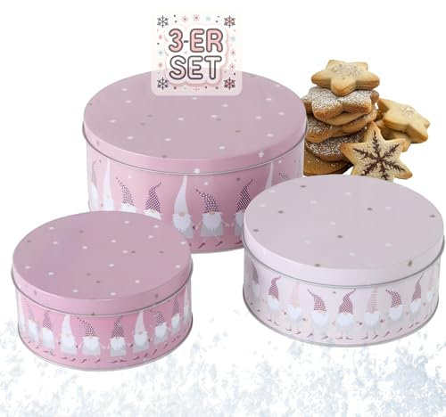 CasaJame 3er Set Metall Keksdose Plätzchendose rund rosa mit Wichteln und Sternen 14-20 cm