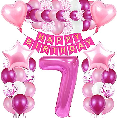 iWheat Luftballon 7 Geburtstag Rosa, Geburtstagsdeko 7 Jahr Mädchen, Riesen Folienballon 7 Rosa, Deko 7 Geburtstag Mädchen, Ballon 7 Deko zum Geburtstag, Folienzahlen Ballons 7, Banner