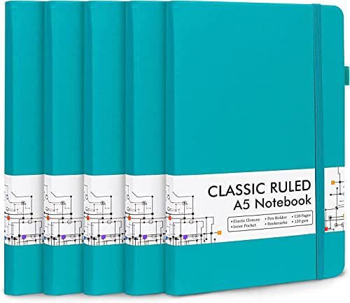 feela Notizbuch A5 liniert Hardcover, 5 Notizbücher Set, Journal Buch mit 3 Gelstifte schwarz, 120 GSM, 13x21cm, Notizblock Set geeignet für Büro, Schule, für Kinder und Erwachsene, Din A5, Emerald
