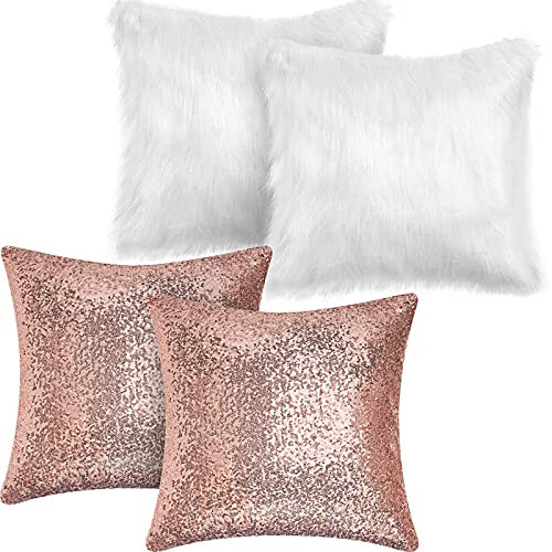 4 Pcs Sequin and Fluffy Pillow Cases Winter Faux Fur Throw Pillow Covers Glitter Pillow Cases Soft Fuzzy Cushion Cover for Couch Bed Sofa Christmas Day (Rose Gold, White, 18 x 18 Inch)