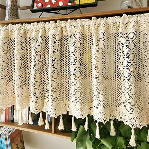 choicehot Handgehäkelte Scheibengardine mit Quasten Baumwolle und Leinen Bistrogardine Boho Kurzvorhang Landhausstil Gardinen für Küche Wohnzimmer Schränke 1 Stück 45 x 150 cm (H x B)