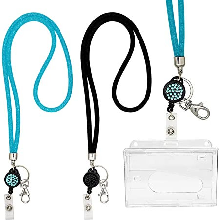 Jizxol 2 Stück Kristall-Lanyard mit ID-Kartenhalter, Ausziehbar Schlüsselband mit transparentem Kartenhalter und Schlüsselring, Abzeichen-Kit für Studenten, Mitarbeiter, Ärzte (blau + schwarz).
