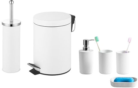iTrend Bathroom Set 6 Pc – 3L Bin Toilet Brush Soap Dispenser Toothbrush holder and Tumblers - White