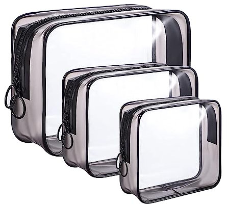 Amazon Marke - Pansy 3 Stück Kulturbeutel Transparent, Wasserdicht PVC Kosmetiktasche Reise, Make-up Tasche durchsichtig Reise Set für Frauen Männer - Schwarz
