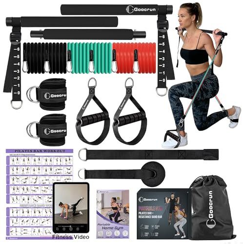Portable Pilates Bar and Resistance Band Bar with Handles, Includes Door Anchors, Ankle Strap and Extension Straps - with Fitness Posters and Videos