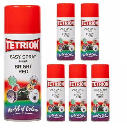 Tetrion Easy Spray Multipurpose Bright Red Paint 400 ML for Interiors & Exteriors, Quick-Drying Aerosol for Metal, Wood, Ceramic, Plastic - Pack of 6