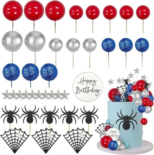 Morofme Spider Cake Topper - Spider Web & Stars Cake Decorations - Boys & Men's Birthday Toppers - Red, Silver & Blue Glitter Balls - Cupcake Topper for Baby Showers