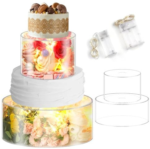 Yallmie 2 Piezas Soportes para Tartas Acrílico, 15x10cm+25x10cm Soporte Tarta con Tira LED Decorativa, Apilables Clear Redondo Rellenable Soportes de Pastel Acrílicos para Cumpleaños, Bodas y Fiestas