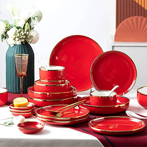 MOKLYF Set di stoviglie in gres, Set di Ciotole e Piatti in Porcellana con Bordo Dorato, Set di stoviglie combinate, Set di Piatti, Servizio per 6, Esterno Rosso Bianco(