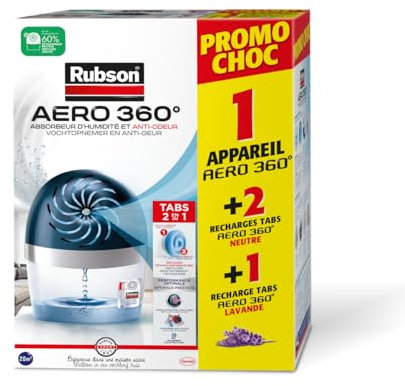 Lot Rubson AERO 360 : Déshumidificateur d’air pour la maison, absorbeur d'Humidité et anti odeurs pour pièce de 20 m² incluant 1 Recharge lavande de 450g + Pack 2 Recharges Tabs Neutres 450g