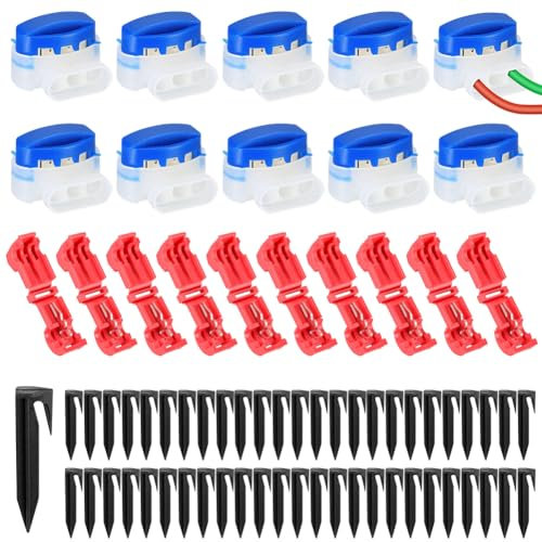 Connection Clamps for Robotic Lawnmower Set, 50 Pegs + 10 Waterproof Cable Connectors + 10 Branch Connectors, Universal Boundary Wire, Lawn Robot Accessory Set, Waterproof Cable Clips, Robotic