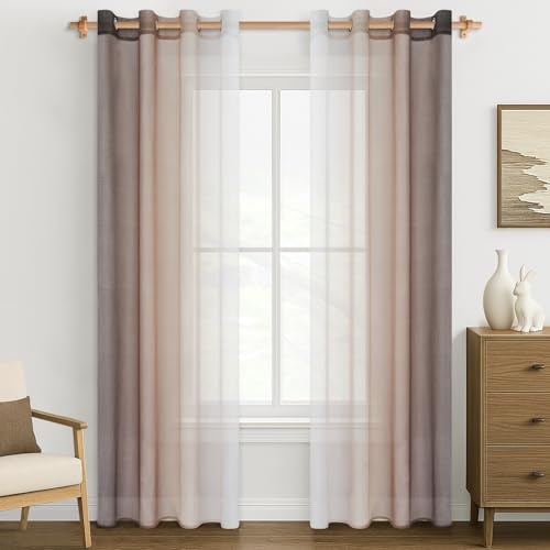 MRTREES Voile gardiner gardiner vardagsrum med öljetter set om 2 färggradient ljusbrun, transparenta gardiner 220 cm lång 140 cm bred för vardagsrum sovrum barnrum