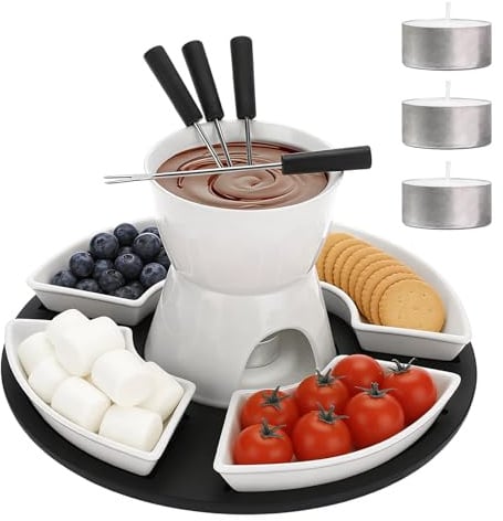 White Ceramic Chocolate Fondue Pot Set Cheese Ice Cream Warmer