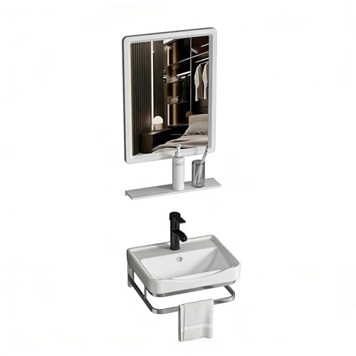 Suspendu Meuble d'angle Salle de Bain,Lave-Mains d‘Angle avec Robinet et Miroir,Moderne,Meuble de Lavabo en Céramique,pour la Salle de Bain et Les Toilettes d‘invités(15.75 * 11.81in)