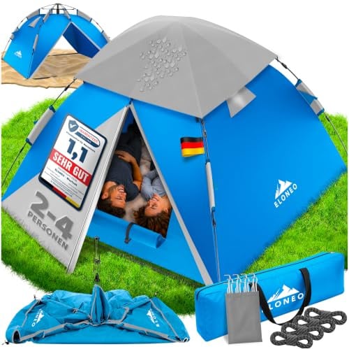 ELONEO Wurfzelt - extra wasserdicht & stabil, schneller Auf- & Abbau in 45 Sekunden | Wurfzelt 4 Personen wasserdicht | Wurfzelt 3 Personen | Wurfzelt 2 Personen, Pop Up Zelt 2 Personen | Camping Zelt