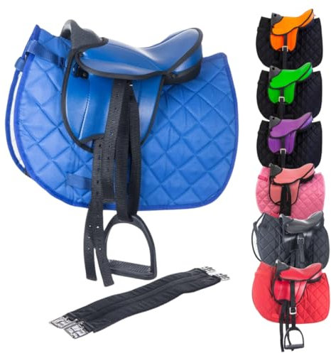 Marengos - Holzpferd Sattel Set | Sattel für Holzpferd mit Sattelgurt, Schabracke, Steigbügel & -Riemen | Sattel aus Kunstleder | Sattel-Typ Beginner in blau | Größe 12
