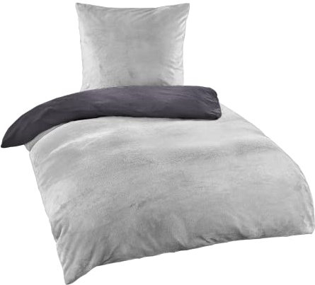 BaSaTex Winter Bettwäsche Cashmere Touch 100% Microfaser Uni und Uni Wende in 4 Größen und 8 Farben, 155x220 80x80 cm Anthrazit Silber