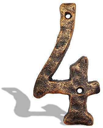 6 Inch House Address Numbers- Solid Cast Iron Metal Door Gate Number- Unique Hammer Appearance with Individual Irregular Handcraft Antique Brass Finish (Number 4)