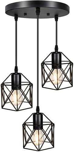 Vintage 3-Lights Ceiling Lamp Adjustable Hanging Pendant Lights Industrial Flush Mount Ceiling Lighting Fixture E27 Base Black Geometric Ceiling Hanging Lamp for Kitchen Dinning Room Hallway