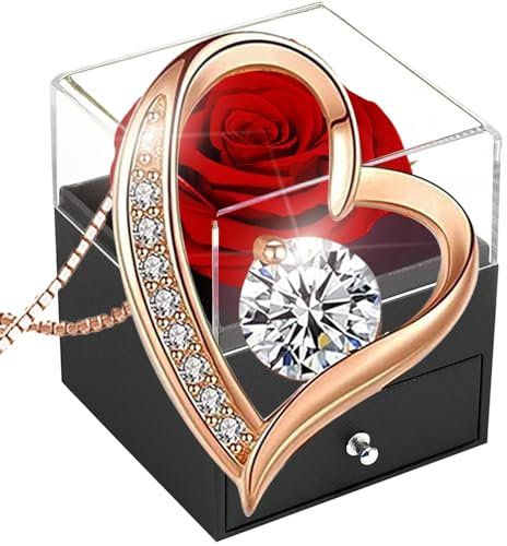 SWEETIME Ewige Rose Geschenkbox Rote Unendlichkeitsrosen mit Herzkette 925 Silber Roségold Damen Halskette Forever Rose mit Halskette Geschenke für Frauen am Valentinstag, Hochzeitstag, Geburtstag