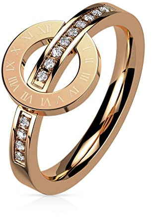 Paula & Fritz® Ring Damen Römische Zahlen Rosegold Zirkonia Klar 316L Chirurgenstahl Größe 59 (18,8) 10-mm breit Damenring Herrenring Motivring